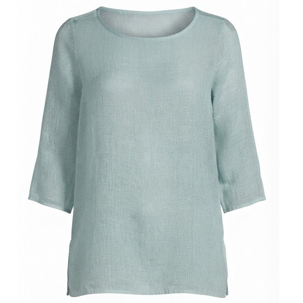 Eileen Fisher Womens Blue Linen Blend Mesh Tunic Shirt Size S/P Semi-sheer